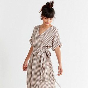 UO Linen Wrap Gingham Midi Beige Dress